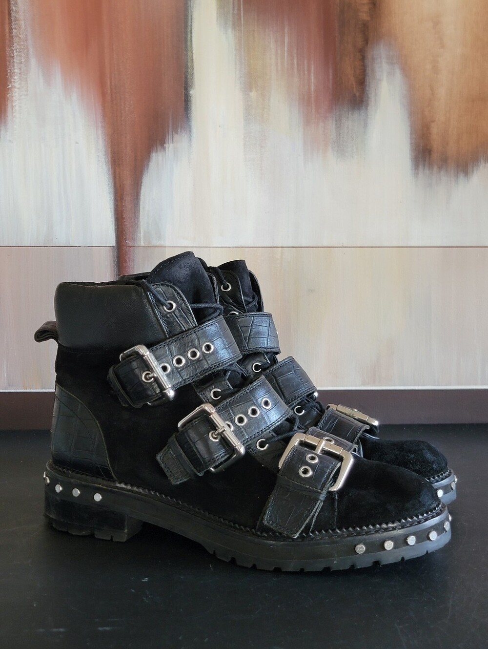 Topshop Alfie Buckle Studded Black Leather Ankle Boots Rocker Chic EU 39 US 8.5